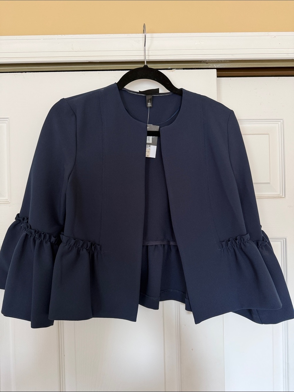 Topshop Navy Ruffle-Sleeve Open Front Blazer